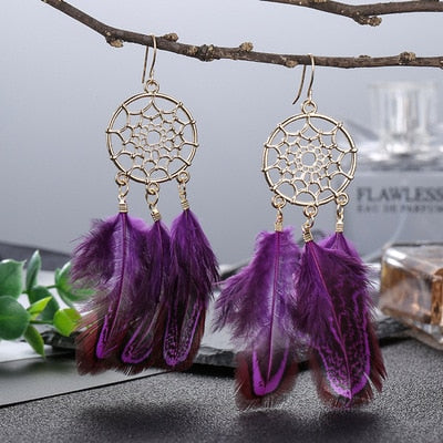 Boho Ethnic Dream Catcher Purple Feather Dangle Earrings Fashion Party Girls