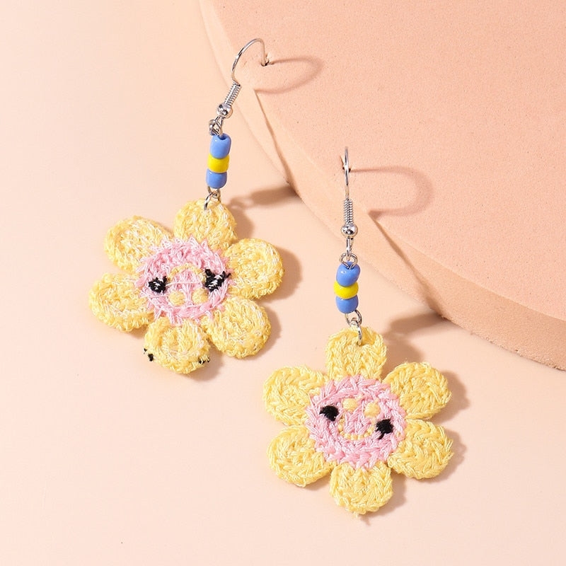 Knitted Smile Flower Dangle Drop Earrings Women Charms Earring Fashion Creative