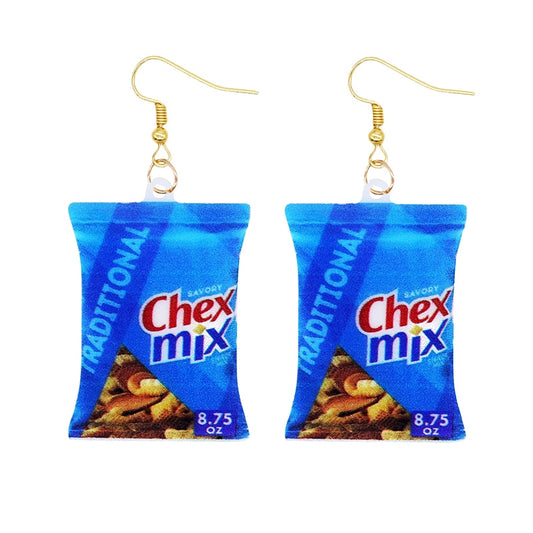 Blue Chex Mix Chips Bag Funny Design Drop Earrings Women Charms Earring Fashion