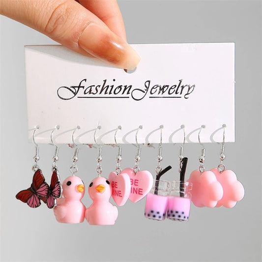 5 Pairs Pink Color Drop Earrings Fashion Women Summer Party Jewelry Girls Gifts