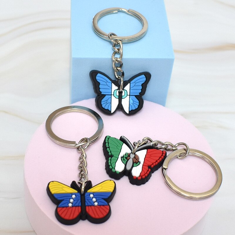 12 Styles Butterfly NationalFlag Key Pendant Soft Silicone Metal Key Chains