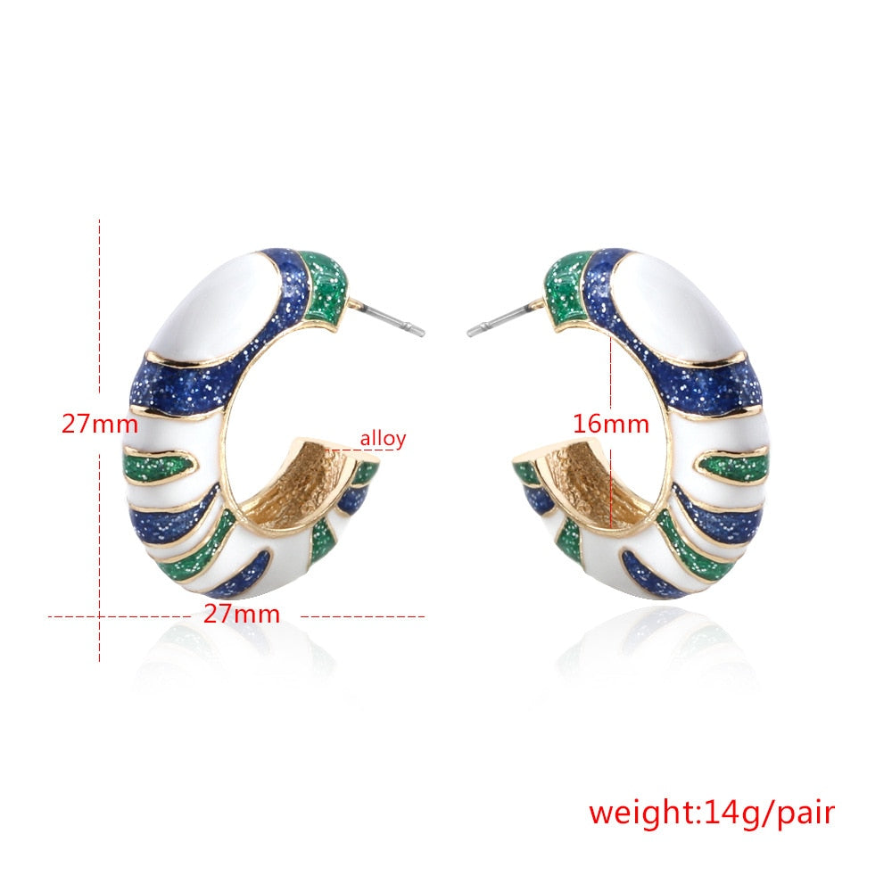 Green Blue Striped C-shaped Hoop Drop Earrings Cartoon Art Women Party Jewelry