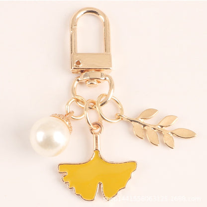 1pcs Pearl Leaf Alloy Keychain For Women Car Key Holder Apricot Leaf Pendant