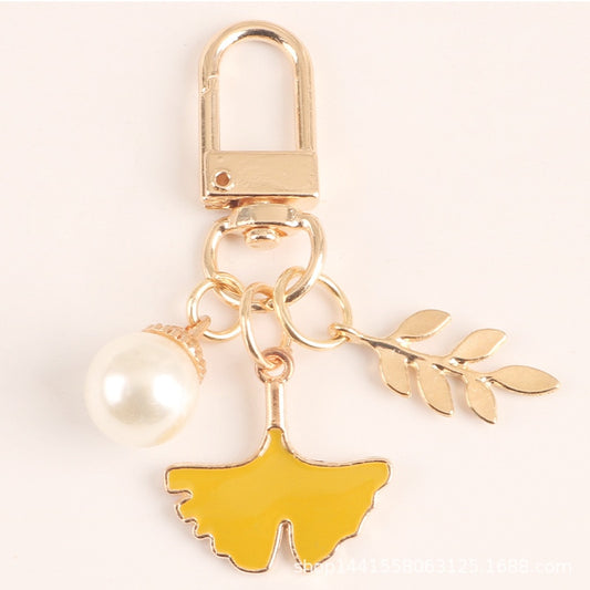 1pcs Pearl Leaf Alloy Keychain For Women Car Key Holder Apricot Leaf Pendant