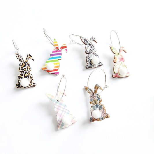 Colorful Stripe Bunny Wooden Drop Earrings Women Gifts Earring Cute Girls