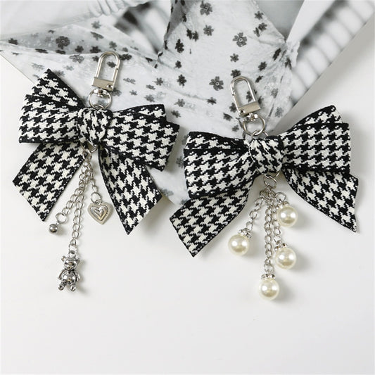 2 Styles Black and White Plaid Bow Keychain Bear or Pearl Pendant Keyring Car