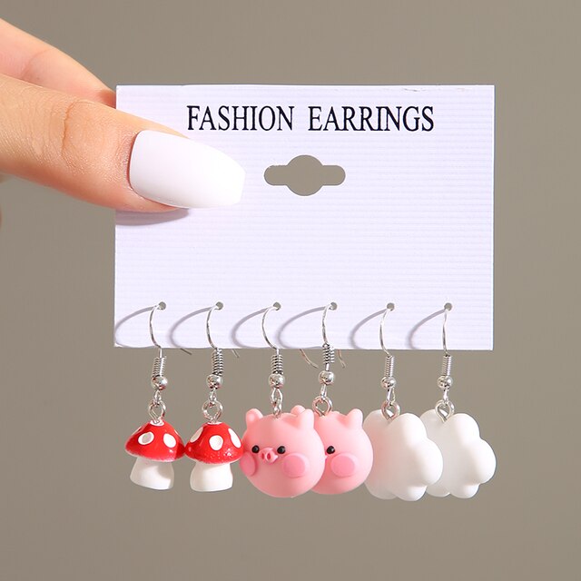 3 Pairs Cloud Pig Mushroom Drop Earrings Fashion Women Summer Party Jewelry