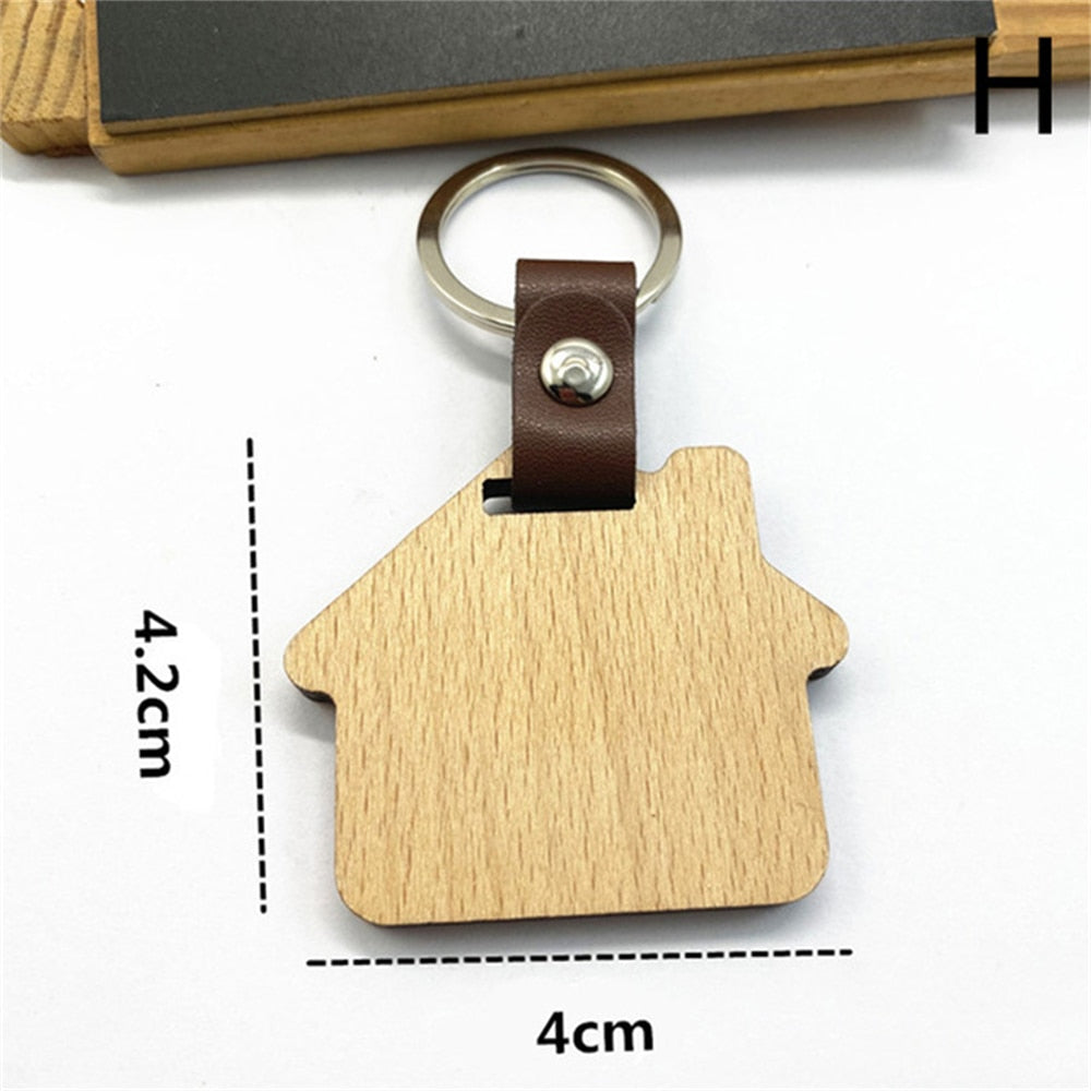 10 Styles Wooden Keychain Geometric House Car Shape Leather Wood Keyring Bag