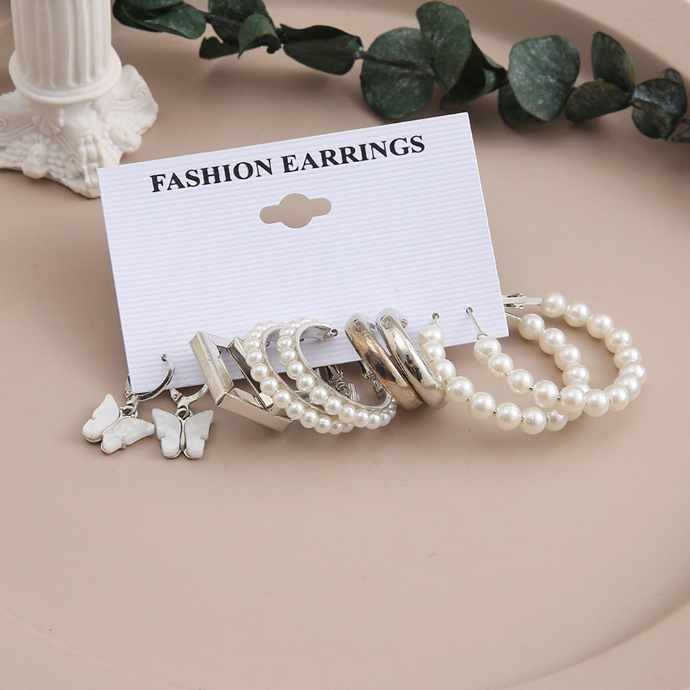 6 Styles 5-6 Pairs Set Butterfly Pearl Hoop Drop Dangle Earrings Trendy Women