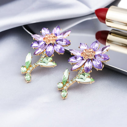 Purple Flower with Stem Lady Cute Dangle Earrings for Women Jewelry Girls