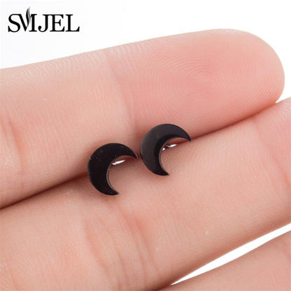 Black Half Moon Stainless Steel Earrings Women Jewelry Small Studs Gifts Earring