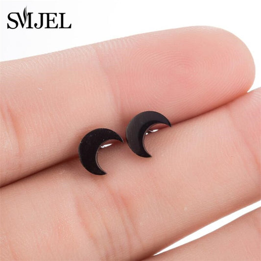 Black Half Moon Stainless Steel Earrings Women Jewelry Small Studs Gifts Earring