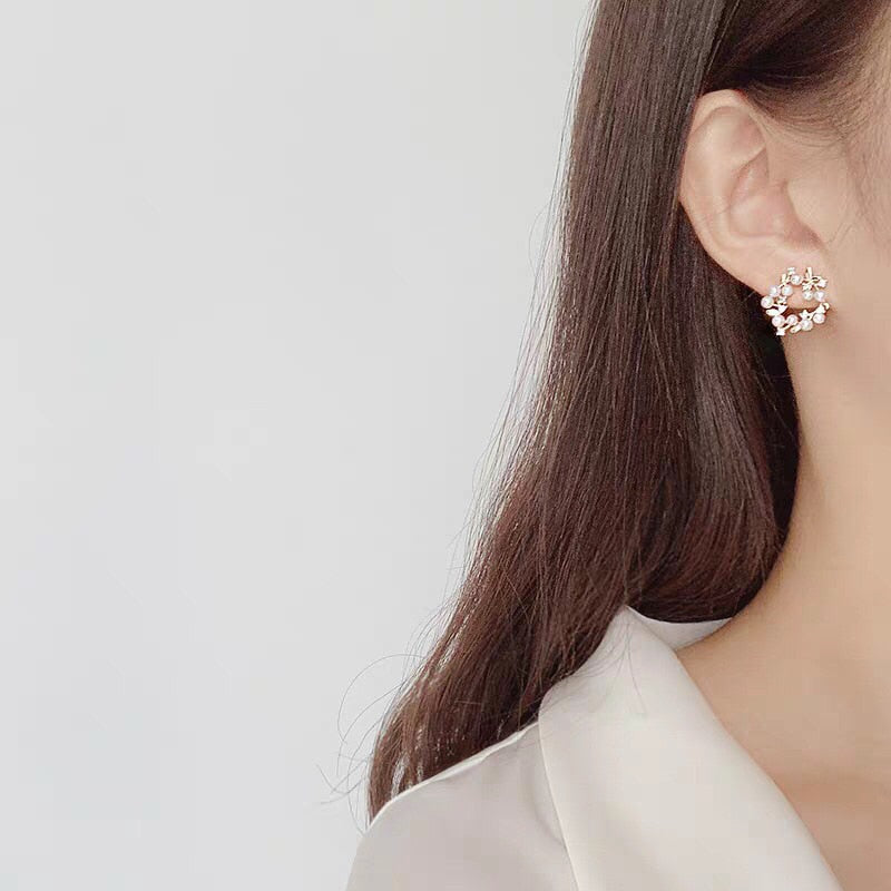 Imitation Pearl Wreath Studs Earring Cute Geometric Zircon Earrings Female