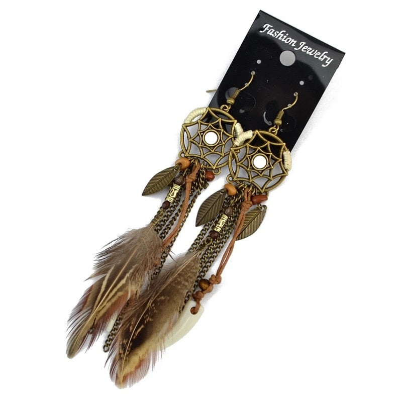 Boho Ethnic Dream Catcher Brown Tassel Feather Dangle Earrings Fashion Party