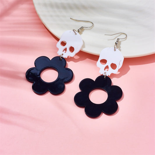 White Skull Black Flower Drop Earrings Female Travel Cartoon Earrings Creative