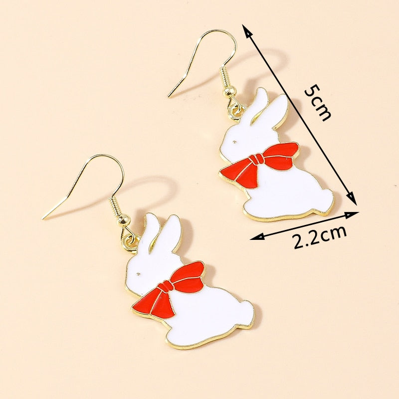 White Bunny with Red Bow Drop Earrings Women Creativity Jewelry Cute Earring