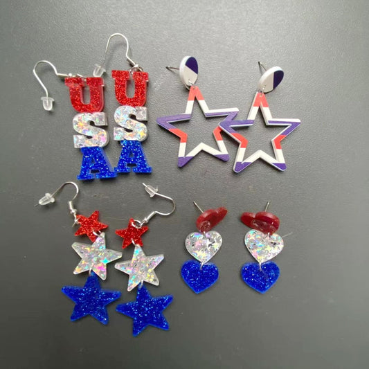 Glitter Red Blue Tone USA Independent Day Dangle Earrings for Girls Women