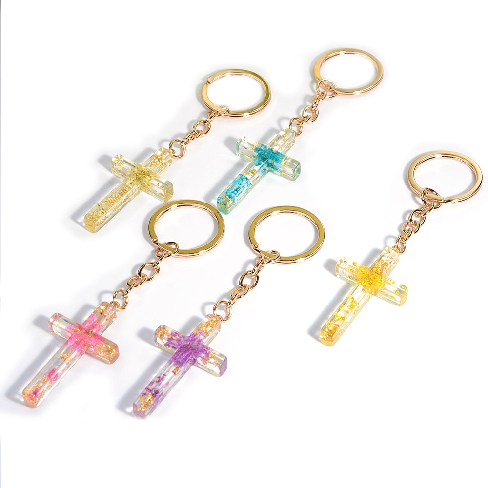 5 Styles Foil Dried Flower Filling Cross Keychain For Women Bag Ornaments