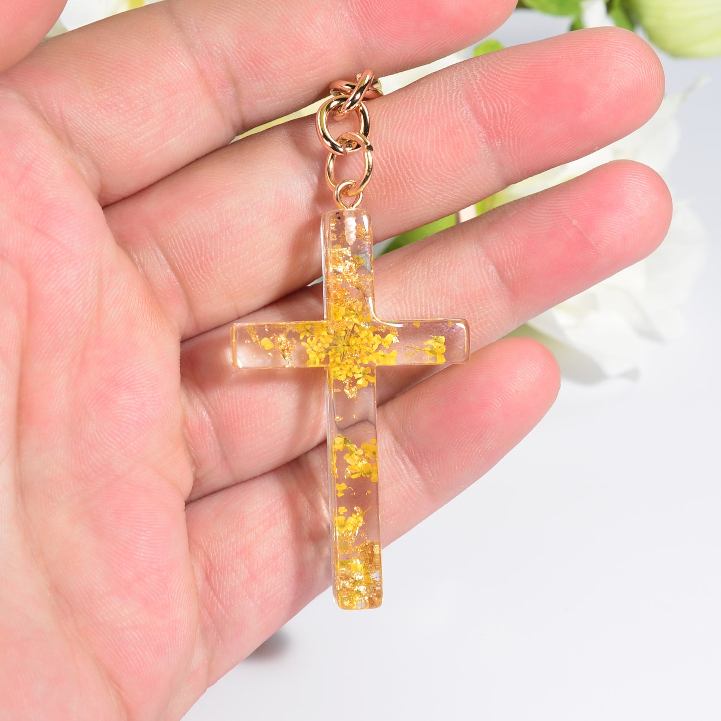 5 Styles Foil Dried Flower Filling Cross Keychain For Women Bag Ornaments