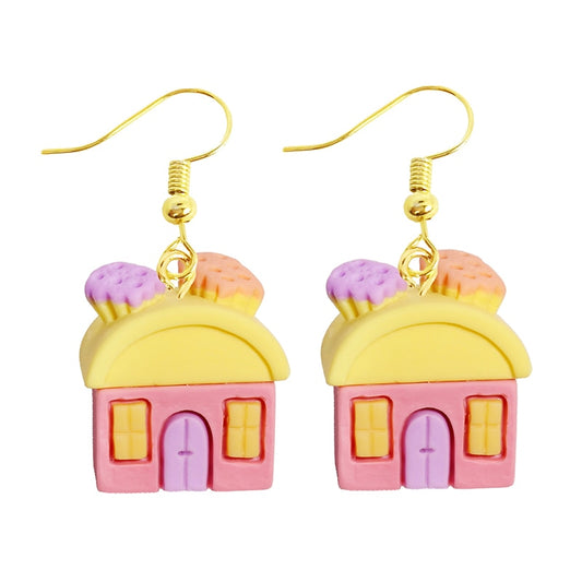 Yellow Pink House Drop Earrings Women Art Fashion Cartoon Earrings Creative