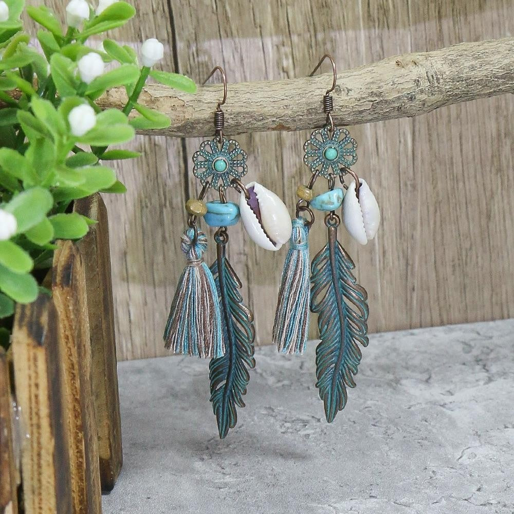 Sea Shell Feather Tassel Dangle Earrings Women Party Wedding Jewelry Dangle