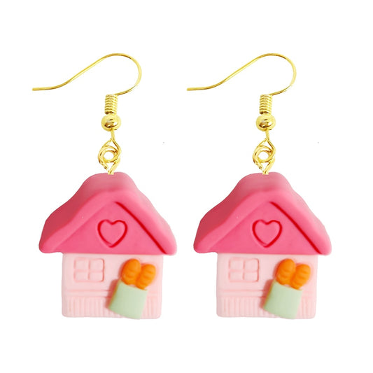 Pink House Drop Earrings Women Art Fashion Cartoon Earrings Creative Jewelry