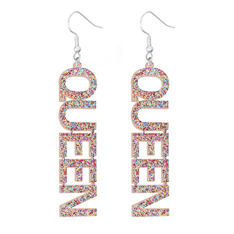 Glitter QUEEN Drop Earrings Women Fashion Creative Art Cute Stylish Jewelry