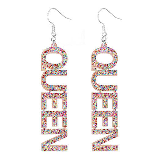 Glitter QUEEN Drop Earrings Women Fashion Creative Art Cute Stylish Jewelry