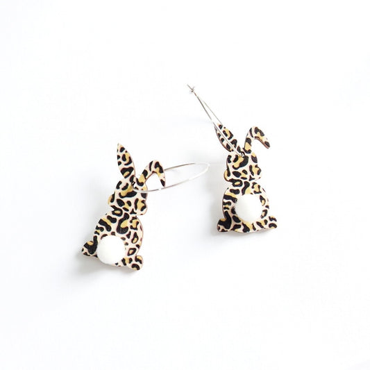 Leopard Bunny with Tail Wooden Drop Earrings Women Gifts Earring Cute Girls