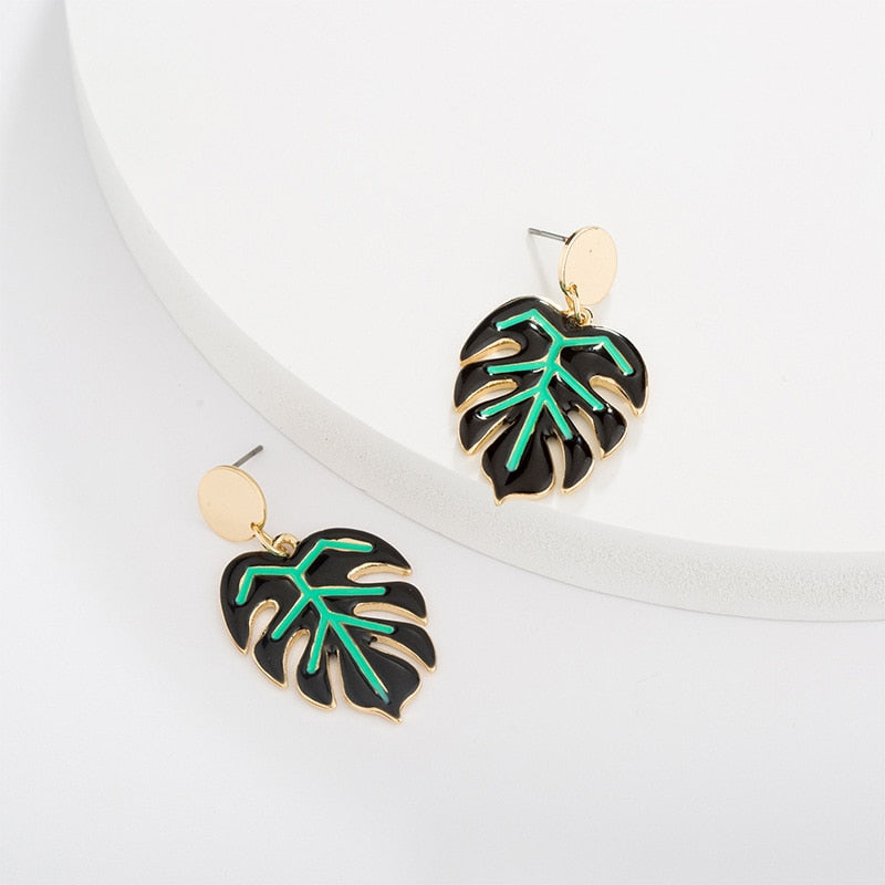 4 Colors Hollow Tropical Plant Leaf Drop Earrings Cartoon Ear Pendants