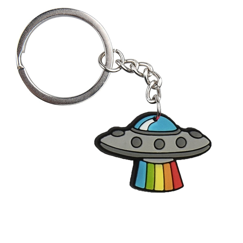 Rainbow Light Spaceship Creative Cartoon Soft PVC Rubber Keychain Keyring Women