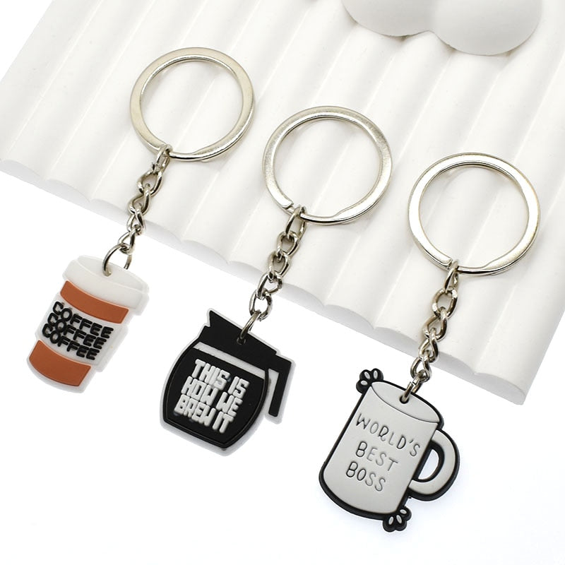 14 Styles PVC Coffee Lover Fan Caffeine Keychain Cartoon Key Ring Anime Pendant