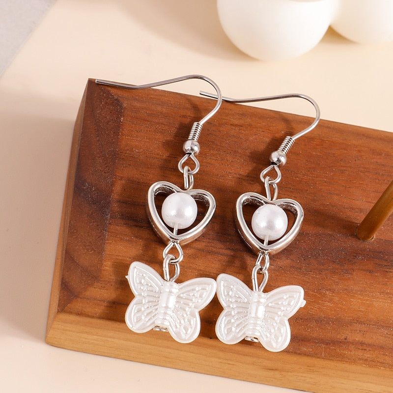 Textured White Butterfly Faux Pearl Drop Earrings Women Creativity Jewelry Cute