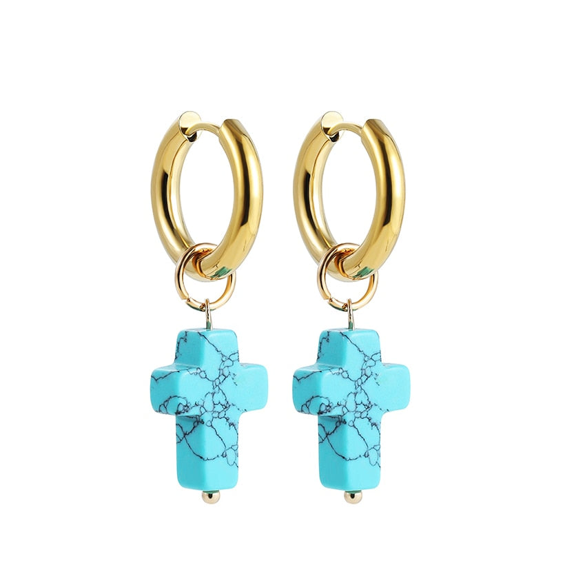 Turquoise Cross Drop Earrings Women Party Bohemian Jewelry Dangle Gifts Earrings