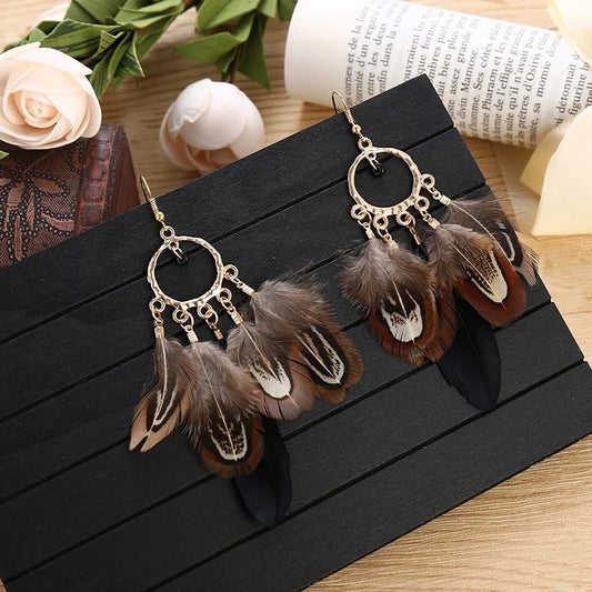 Brown Black Boho Ethnic Feather Dangle Earrings Fashion Party Girls Pendant