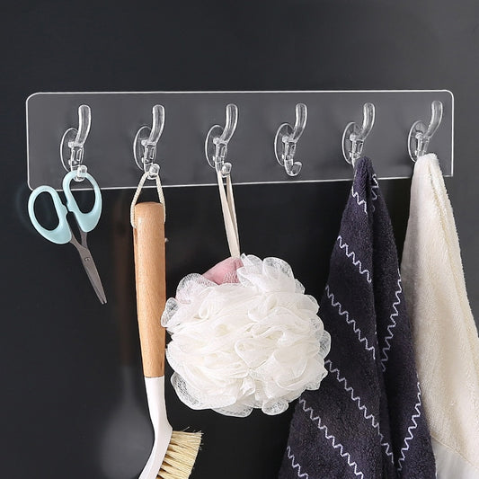 Transparent Plastic Glue Hooks Kitchen Bathroom One-Six Rows Hooks Nail-free