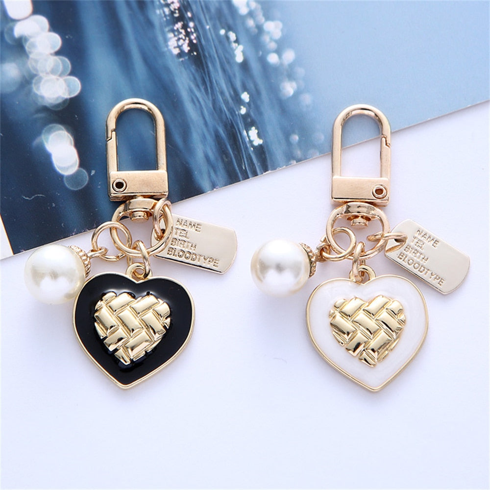 2 Styles Pearl Heart Pendant Keychain Women Key Ring Earphone Case Bag Charms