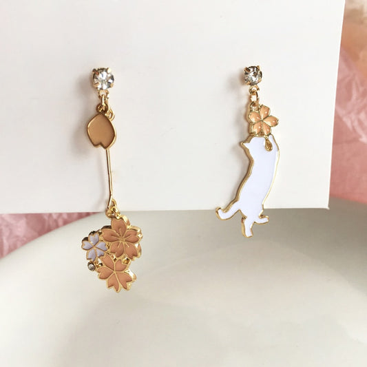 Playing Cat and Flowers Drop Earrings Women Party Wedding Jewelry Creative Gifts