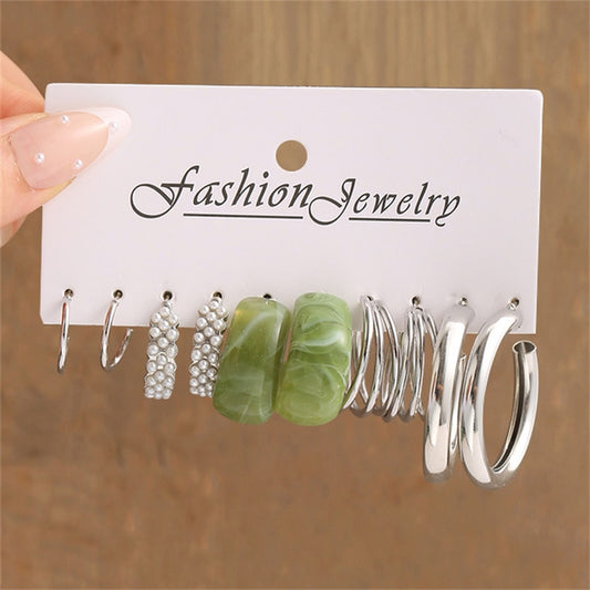 5 Pairs Green Tone Silver Color Hoop Earrings Women Charms Earring Fashion