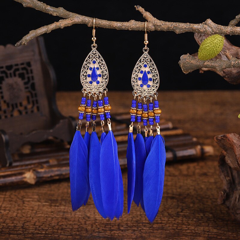 Blue Drop Feather Decor Dangle Earrings for Fashion Stylish Jewelry Drop