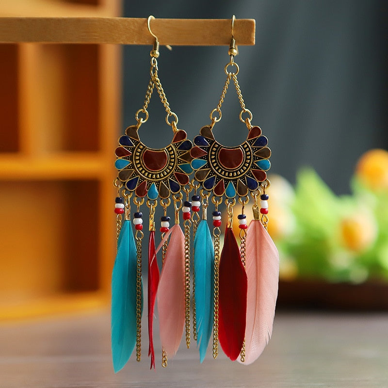 Mixed Color Boho Ethnic Feather Dangle Earrings Fashion Party Girls Pendant