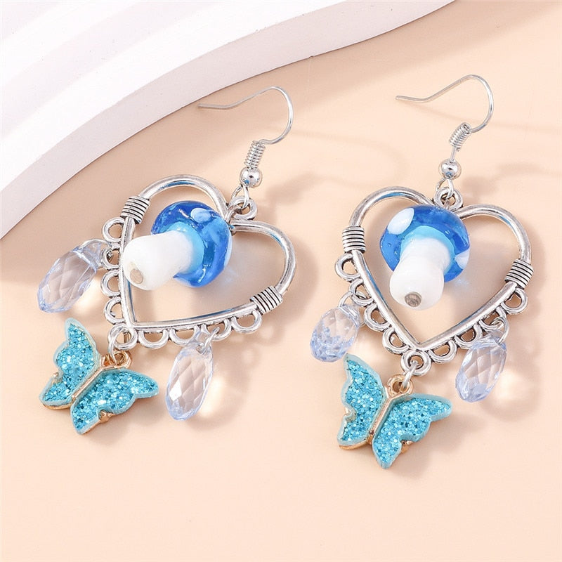 Blue Mushroom Heart Drop Earrings Women Creativity Jewelry Cute Earring Girls