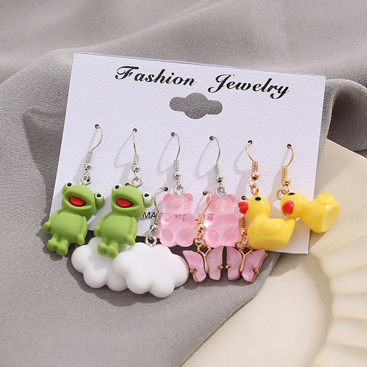 5 Pairs Cartoon Cute Animal Drop Earrings Fashion Women Summer Party Jewelry