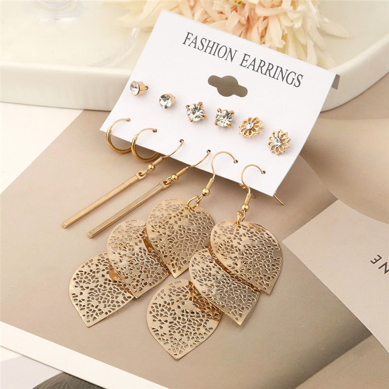 6pairs Hollow Pattern Leaf Dangle Earrings for Fashion Stylish Jewelry Drop