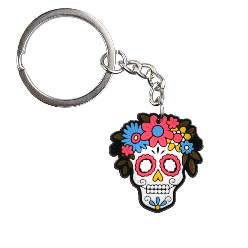 Flowers Decor Skull Mexican Day Of The Dead Keyring Cartoon Keychains Souvenir