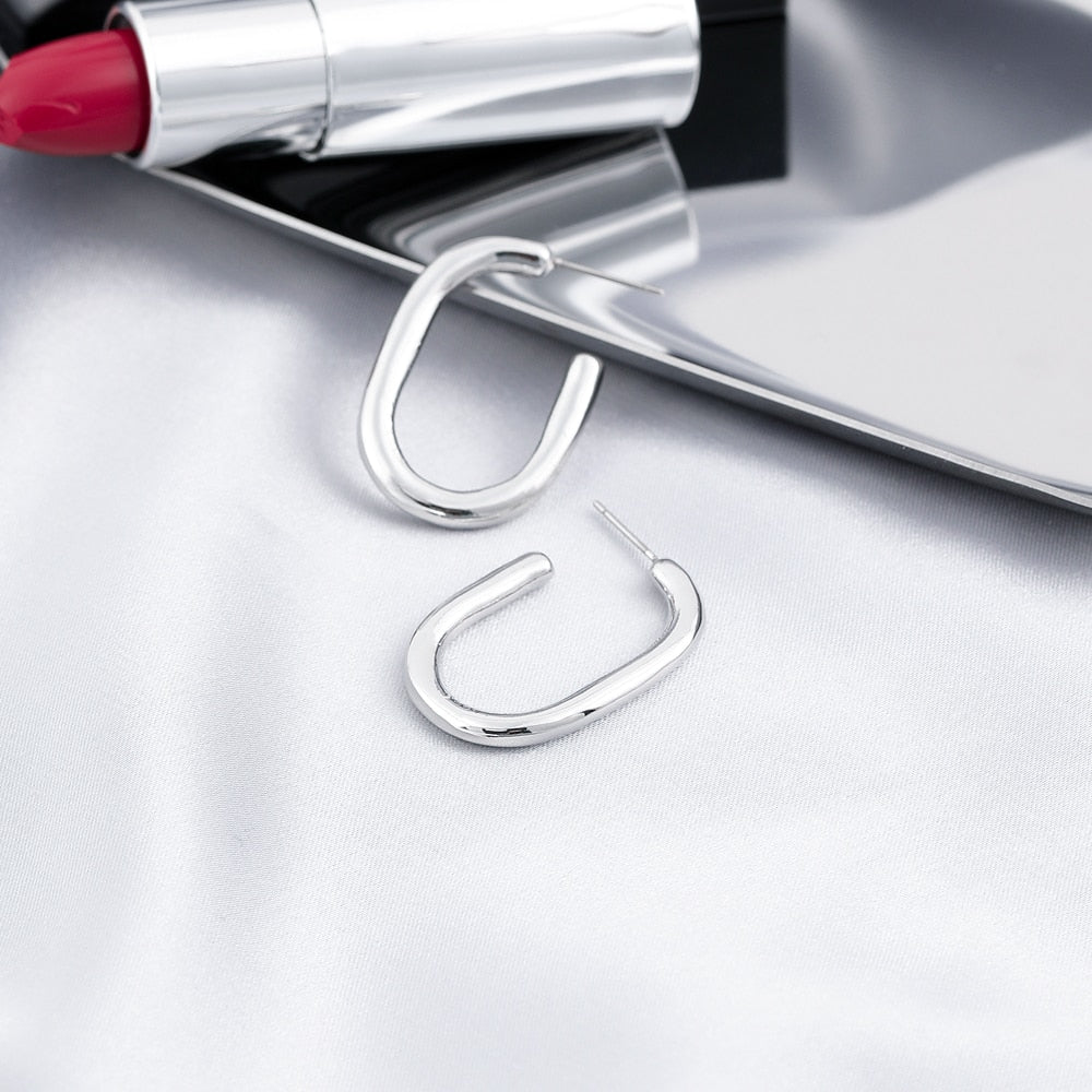 Oval Metallic Hoop Earrings Women Girl Fashion Trendy Jewelry Accessories