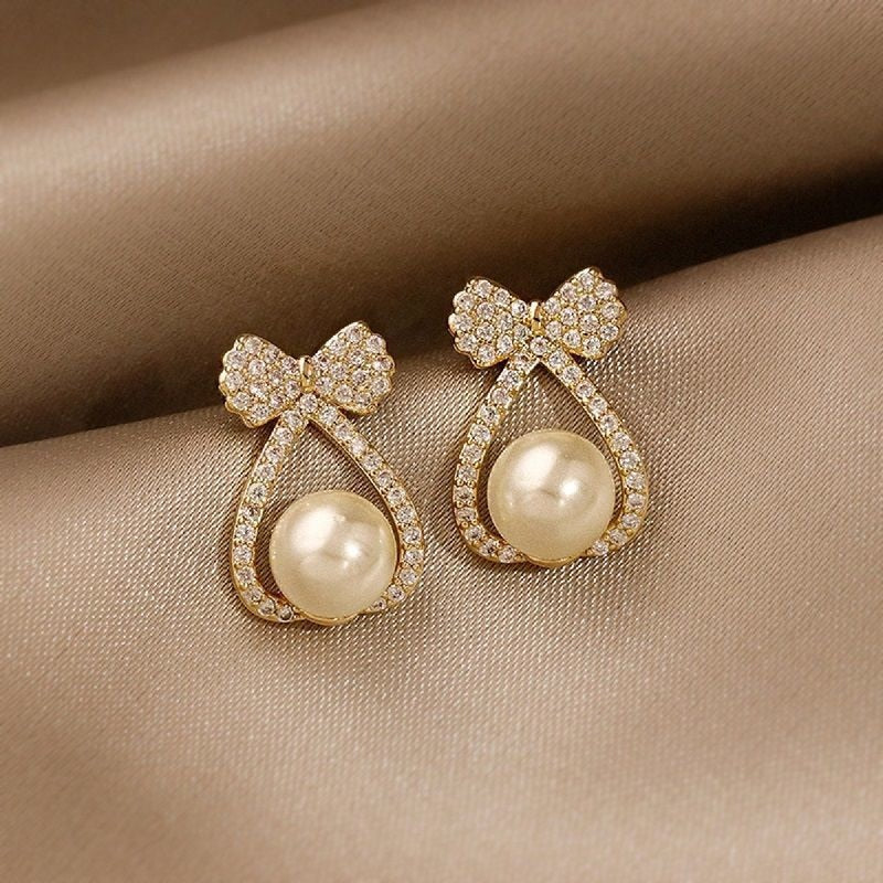 Bow Pearl Pocket Stud Earring Charm Woman Wedding Elegant Romantic Ear Jewelry