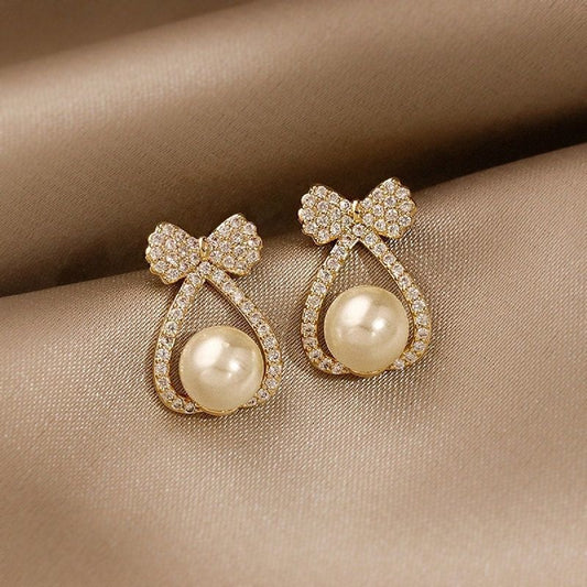 Bow Pearl Pocket Stud Earring Charm Woman Wedding Elegant Romantic Ear Jewelry