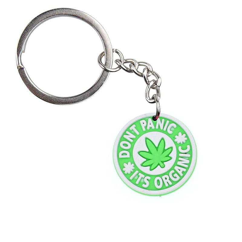 Dont Panic Green Leaf Keychain Cartoon Creative Gift Key Holder Keyring Anime