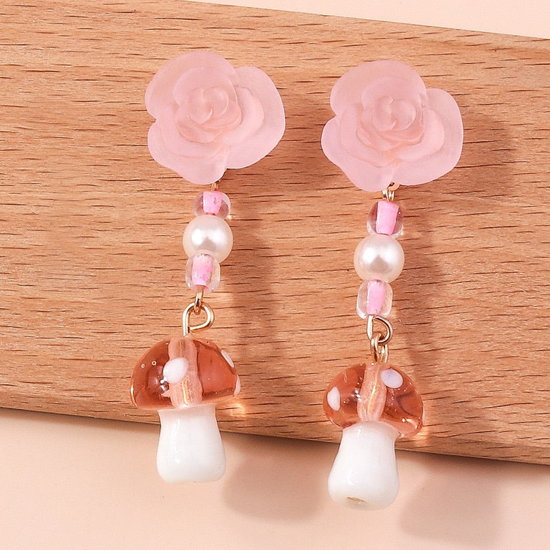 Pink Mushroom Flower Drop Earrings Women Creativity Jewelry Cute Earring Girls